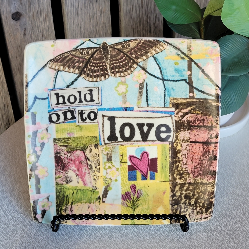 Creative Co-Op hold on to love square ceramic plate Kelly Rae Robert's
